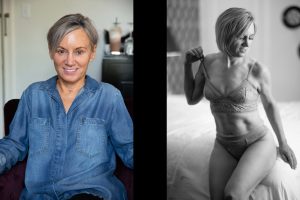 A side-by-side comparison of a 60+ boudoir transformation. On the left, a color photograph shows a mature woman with short, silver-gray hair sitting in a relaxed pose. She wears a casual, oversized denim button-up shirt with two chest pockets, slightly faded fabric, and visible stitching details. Her expression is warm, with a natural smile and minimal makeup. The background features a softly lit indoor setting with a blurred dresser holding a drink with a straw, glass bottles, and a lamp. She is seated in a dark-colored chair, with her arms resting comfortably. On the right, a black and white boudoir photograph captures the same woman in a confident, sultry pose. She is sitting on the edge of a bed, wearing delicate lace lingerie—a bralette with intricate floral patterns and matching lace-trimmed panties. Her toned physique is highlighted by the soft lighting, emphasizing her arms, abs, and legs. She gently pulls down one strap of her bralette while looking downward with a smirk, radiating confidence. Her short hair is styled sleek and voluminous. The background consists of a bed with crisp white sheets and a geometric-patterned wall, adding depth to the intimate setting. The contrast between the two images showcases her transformation from everyday casual to bold and empowered in a 60+ boudoir session.