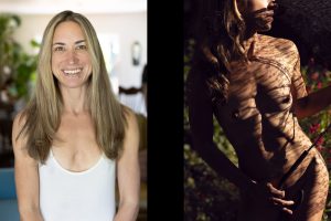 A side-by-side image showcases the transformation of Ms. J through a boudoir before-and-after journey. On the left, Ms. J is seen in natural daylight, smiling warmly with long, straight blonde hair and wearing a simple white tank top. Her expression radiates friendliness and ease, set against a softly lit, casual home environment with houseplants and wooden furniture in the background. On the right, she appears nude in a bold, artistic boudoir portrait, holding a lace parasol that casts intricate, dappled shadows across her toned body. Her wavy hair cascades over one shoulder, partially concealing her face as she looks away from the camera. The interplay of light and shadow accentuates the contours of her figure, with sunlight filtering through the parasol to create a sense of mystery and sensuality. The background reveals a garden with blurred red flowers, adding a touch of natural vibrancy. This juxtaposition captures Ms. J’s transformation from everyday comfort to confident sensuality, highlighting the power of boudoir photography in rediscovering self-assurance.