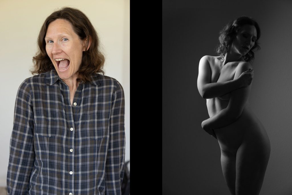 This breathtaking before-and-after transformation of Miss L showcases the power of boudoir photography in capturing confidence, vulnerability, and self-expression. In the left "before" image, Miss L radiates natural charm and playfulness. She wears a casual plaid button-up shirt, her wavy brown hair framing her face in an effortless, everyday look. Her wide, open-mouthed smile exudes joy and authenticity, creating a lighthearted and approachable energy. The neutral background keeps the focus on her, emphasizing her natural beauty and carefree spirit. In the right "after" boudoir image, Miss L transforms into a striking vision of strength and sensuality. Captured in dramatic black and white, she stands nude, embracing her body in a graceful, self-assured pose. Her softly curled hair cascades over her shoulders, and her expression is serene, with closed eyes and a slight tilt of the head. The interplay of shadow and light accentuates the curves of her body, highlighting her form in an artistic and powerful way. The stark contrast between her playful, casual demeanor in the first image and her bold, empowered presence in the second speaks to the depth and beauty of self-discovery. This transformation is a testament to embracing one’s body and stepping into confidence without hesitation.