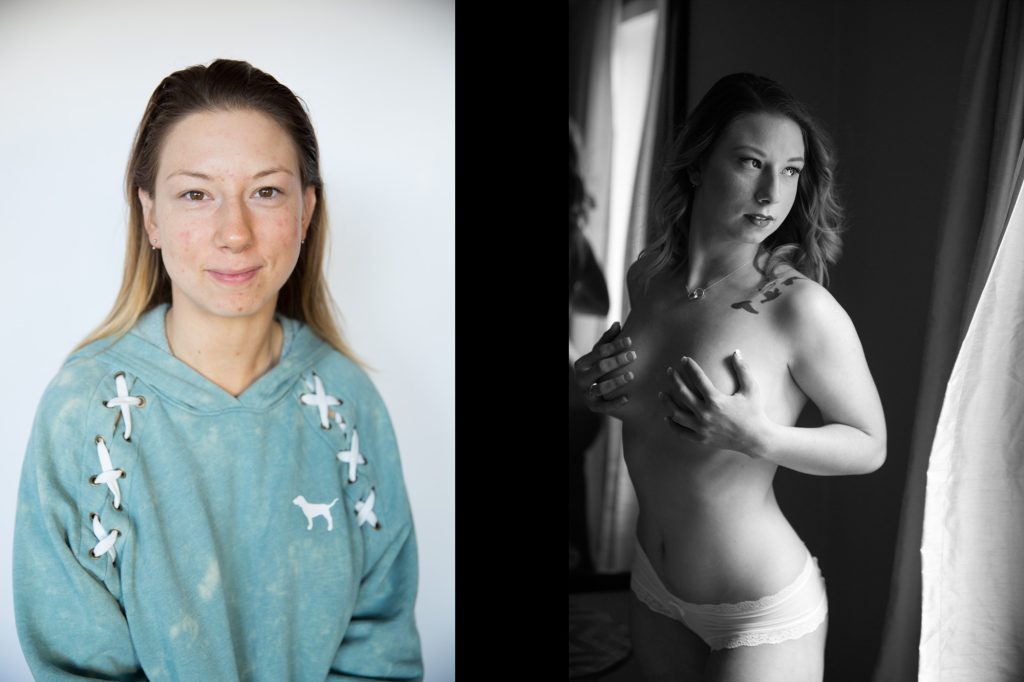 This stunning before-and-after transformation of Miss B highlights the power of boudoir photography in unveiling confidence, sensuality, and self-expression. In the left "before" image, Miss B radiates natural beauty and authenticity. She wears a cozy teal hoodie with lace-up details on the sleeves, her face fresh and makeup-free. Her hair is casually pulled back, emphasizing her soft, approachable expression. The simple white background enhances the effortless and down-to-earth feel of the portrait, capturing her in a relaxed, everyday moment. In the right "after" boudoir image, Miss B transforms into a striking vision of empowerment and femininity. Bathed in dramatic black-and-white lighting, she stands near a softly lit window, wearing only delicate lace panties and a simple necklace. Her hands gently cover her chest, emphasizing both vulnerability and strength. Her wavy hair cascades over her shoulders, and her gaze is intense yet serene, exuding self-assurance. The reflection in the mirror adds depth to the composition, reinforcing the theme of self-discovery. This transformation beautifully showcases the essence of boudoir—celebrating one’s body, confidence, and personal journey.