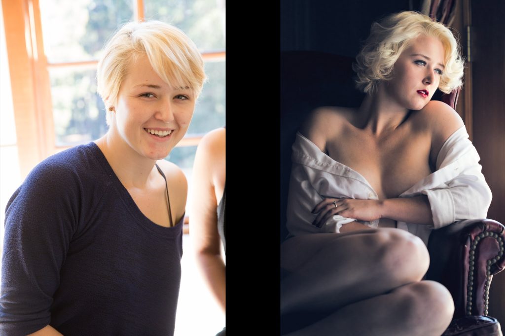 This breathtaking before-and-after transformation of Miss M highlights the timeless allure and confidence that boudoir photography unveils. In the left "before" image, Miss M radiates a natural, youthful beauty. She wears a casual navy blue off-the-shoulder top, revealing a black bra strap. Her short, platinum blonde hair is tousled effortlessly, framing her fresh, makeup-free face. Her warm, genuine smile exudes approachability, while the sunlit background, with large windows and greenery, enhances the relaxed and inviting atmosphere. In the right "after" boudoir image, Miss M transforms into a vision of old Hollywood glamour and sensuality. Sitting elegantly in a vintage leather armchair, she is draped in a loosely worn white button-up shirt, falling seductively off her shoulders. Her platinum blonde hair is styled in soft, voluminous curls, reminiscent of classic starlets. Deep red lips and sultry, smoky eyes enhance her striking features, while moody, directional lighting casts dramatic shadows, highlighting the curves of her body. Her gaze is intense yet dreamy, looking out the window in a moment of quiet confidence and self-possession. This transformation is a stunning testament to the artistry of boudoir—capturing elegance, mystery, and the undeniable power of self-love.