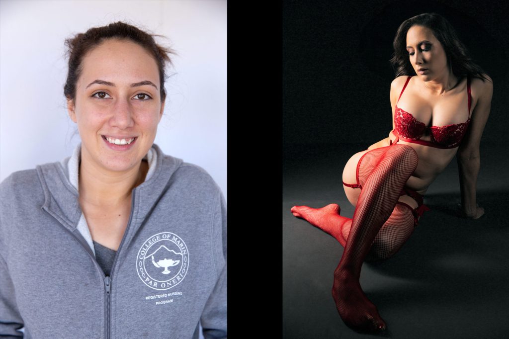 This stunning before-and-after transformation of Miss T showcases the power of boudoir photography in revealing confidence, sensuality, and self-expression. In the left "before" image, Miss T exudes a natural and effortless beauty. She wears a cozy gray zip-up sweatshirt featuring the logo of a nursing program, her hair pulled back into a casual bun. Her fresh, makeup-free face highlights her soft smile and warm, approachable presence. The neutral background and soft lighting create a relaxed, everyday feel, capturing her in an authentic and down-to-earth moment. In the right "after" boudoir image, Miss T undergoes a striking transformation into a bold and captivating vision of confidence. Dressed in a sultry red lace lingerie set with matching garter belt and fishnet stockings, she sits gracefully on the floor, her body elegantly poised. Her dark waves cascade over her shoulders, framing her face, now enhanced with dramatic makeup. The deep black background contrasts sharply with the rich red tones, making her presence even more powerful. With her gaze turned downward and her body bathed in soft, moody lighting, this portrait is the epitome of strength, femininity, and unapologetic self-assurance.