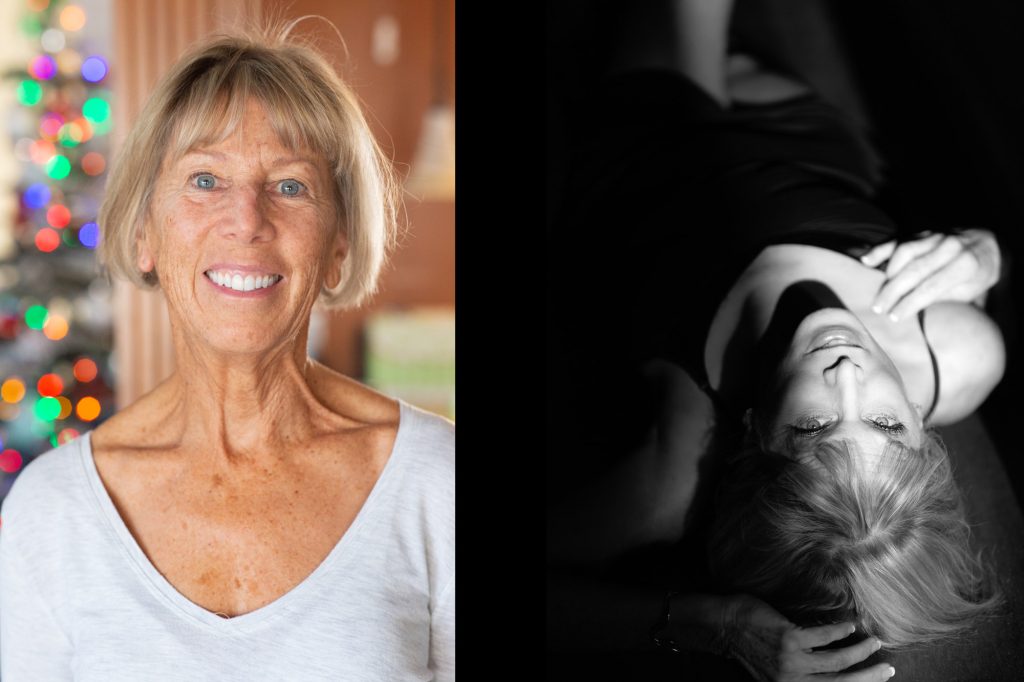 This breathtaking before-and-after transformation of Mrs. S highlights the power of boudoir photography in revealing elegance, confidence, and sensuality at any stage of life. In the left "before" image, Mrs. S radiates warmth and natural beauty. She wears a casual light gray top, her short blonde hair softly framing her face. Her bright eyes and beaming smile exude kindness and authenticity. The softly blurred background, featuring twinkling holiday lights, adds a cozy and joyful touch, making this portrait feel intimate and full of life. In the right "after" boudoir image, Mrs. S transforms into a stunning vision of confidence and allure. Captured in dramatic black and white, she reclines gracefully, her body partially draped in a black slip dress. The striking interplay of light and shadow accentuates her features, casting an elegant glow on her skin. Her expression is sultry yet serene, with her gaze directly into the camera, exuding self-assurance and timeless beauty. The artistic contrast between her casual everyday look and this bold, glamorous portrait beautifully showcases the essence of boudoir—celebrating self-love, empowerment, and the undeniable beauty of every woman.