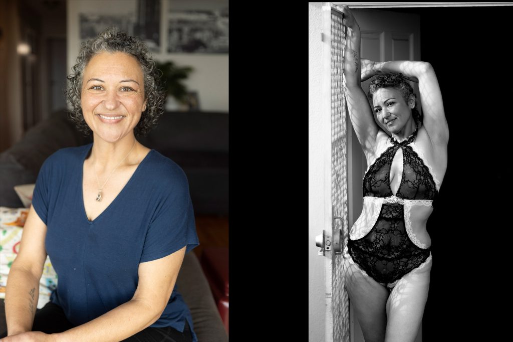 This stunning before-and-after transformation of Ms. A showcases the power of boudoir photography in celebrating confidence, strength, and sensuality. In the left "before" image, Ms. A radiates natural beauty and warmth. She sits comfortably on a couch in a relaxed pose, wearing a simple navy blue V-neck top and black pants. Her short, curly gray hair frames her face beautifully, complementing her fresh, makeup-free glow. A delicate pendant necklace adds a touch of elegance, while her soft smile and kind eyes exude an approachable, effortless charm. The cozy home setting in the background enhances the natural and relaxed feel of the portrait. In the right "after" boudoir image, Ms. A transforms into a striking vision of bold self-assurance. Standing in a doorway, she wears a daring black lace bodysuit with white trim, accentuating her toned physique. Her arms are raised above her head in a confident pose, her expression both sultry and self-assured. The dramatic black-and-white composition enhances the contrast between light and shadow, casting intricate patterns across her body from the screen door. The deep black background isolates her figure, emphasizing her curves and the powerful energy she radiates. This transformation is a testament to embracing one's beauty at every stage of life, proving that confidence is the most captivating accessory of all.