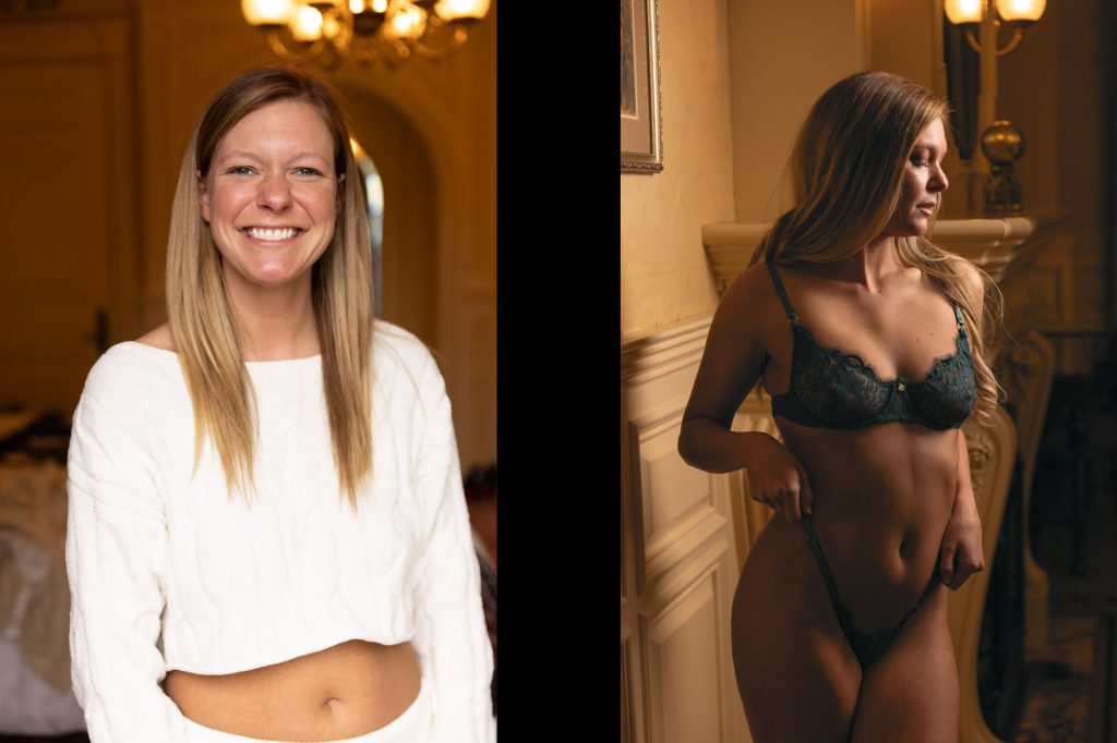 A side-by-side composition showcases a transformation titled Mrs. B's boudoir before and after. On the left, Mrs. B stands in a warmly lit room with elegant, traditional décor in the background, including a chandelier and an arched doorway. She is smiling confidently, wearing a cozy white cable-knit cropped sweater and matching lounge bottoms. Her straight, light brown hair falls neatly over her shoulders, and she appears relaxed and approachable in a casual, natural state.On the right, the image shifts dramatically to a boudoir setting. Mrs. B poses confidently in dark green lace lingerie, consisting of a delicate bra and high-cut thong. The lighting is moody and golden, casting soft shadows that accentuate her curves and muscle definition. She stands against ornately paneled cream-colored walls with a vintage sconce above and a gilded frame on the wall. Her gaze is turned slightly downward and to the side, with her long hair cascading over one shoulder, evoking a sultry, empowered presence in this elegant and sensual transformation.
