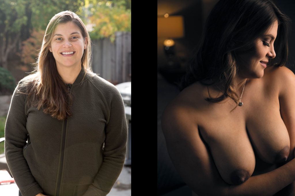 A before and after image from a Benicia breast cancer boudoir photo shoot. This image features a woman with long wavy brown hair in warm, golden-hour lighting blending earthy greens and soft neutrals. On the left, she smiles joyfully while standing relaxed with hands in pockets, dressed in a textured olive green zip-up jacket against a wooden fence and autumn foliage. On the right, she poses in profile with arms crossed modestly over her chest, her expression gentle amid bedside lamp glow and a simple necklace, set in a cozy indoor space with subtle shadows.