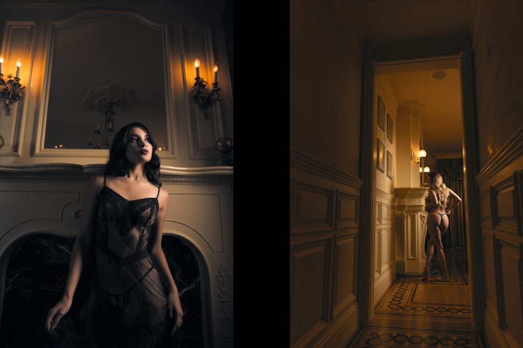 Boudoir location ideas showcased in a split image: left side depicts a woman standing before an ornate white fireplace with lit wall candles casting warm golden glows and soft shadows in a dimly lit room with neutral tones; she poses facing forward with arms relaxed, dark hair flowing, dressed in black lace top and sheer skirt; right side shows another woman viewed from behind in a long hallway with paneled walls and patterned wood floor, illuminated by distant sconce lights creating amber hues; she stands with hands on hips, blonde hair cascading, attired in light bottoms, composition contrasting intimate indoor settings for a serene vibe.