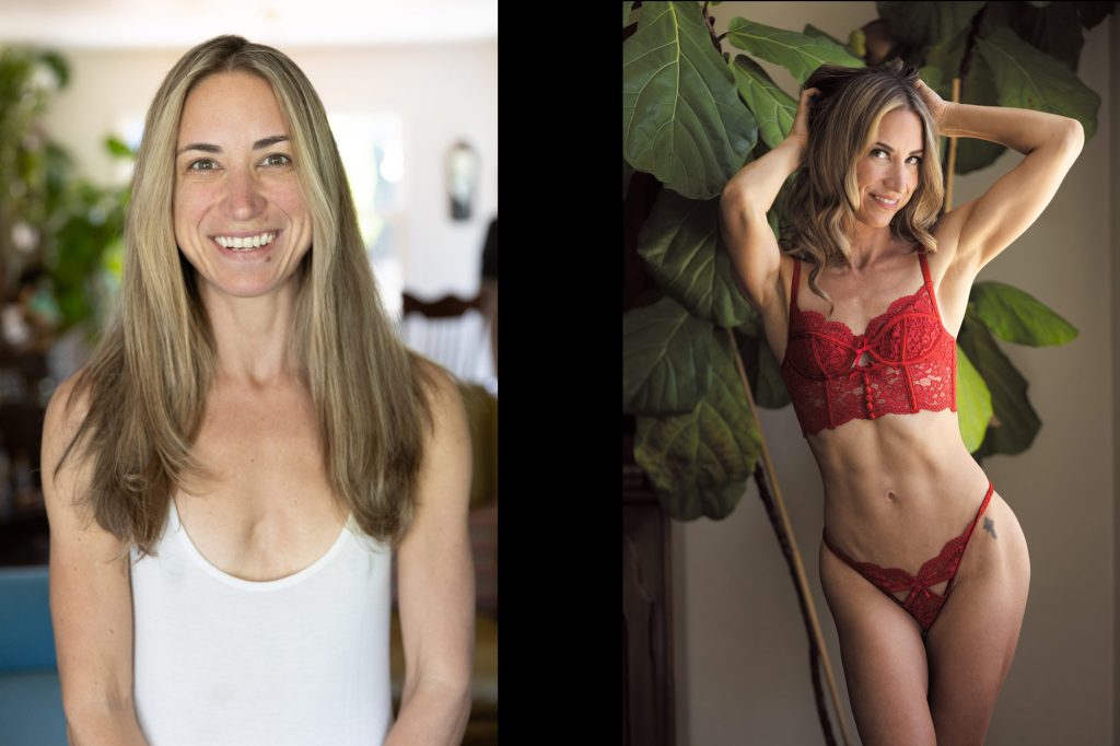 Side-by-side boudoir photographer before and after transformation image: On the left, a smiling woman with long blonde hair wears a simple white tank top in a softly lit indoor setting with plants in the background. On the right, the same woman poses confidently with one hand in her hair, dressed in a vibrant red lace bralette and matching bottoms, highlighting toned physique against a similar green plant backdrop under warm, natural lighting.
