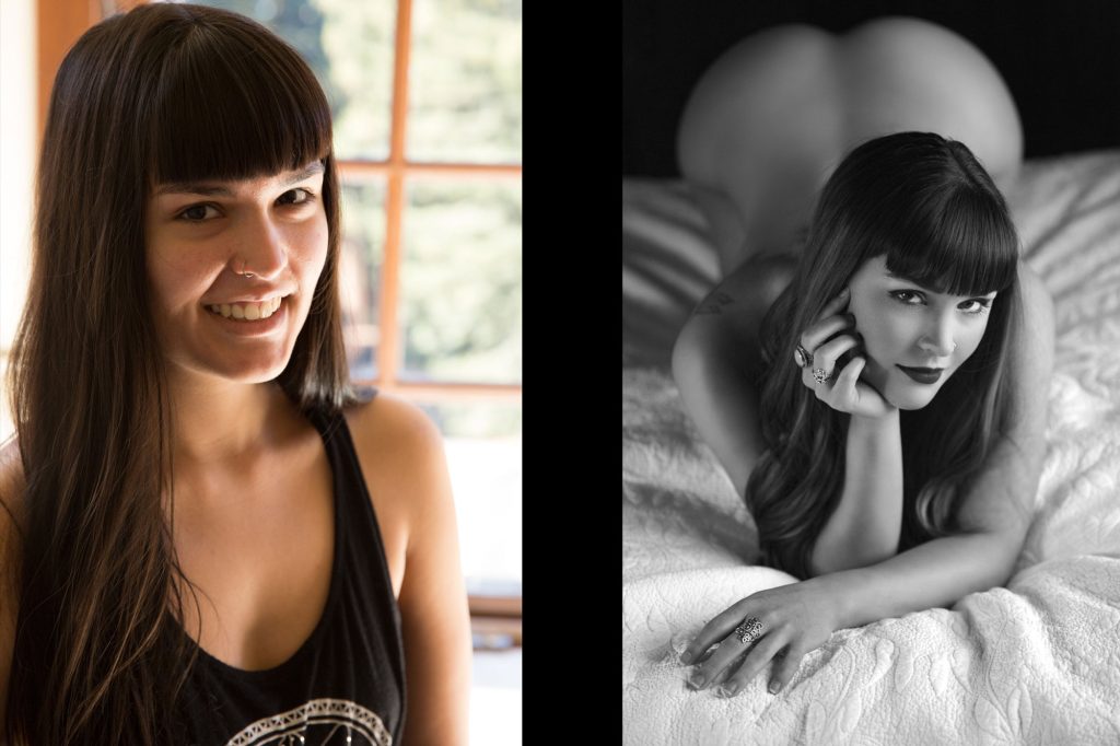 A client before & after her elegant boudoir photo shoot captures a woman with straight black hair and blunt bangs in natural window light blending warm wood tones and cool greens. On the left, she stands relaxed with a joyful smile, arms at her sides in a black graphic tank top, framed by a sunlit wooden window overlooking leafy outdoors. On the right, in black-and-white, she reclines on her stomach across crisp white sheets, propped on one elbow with chin in hand, her gaze playful amid soft shadows and textured bedding.