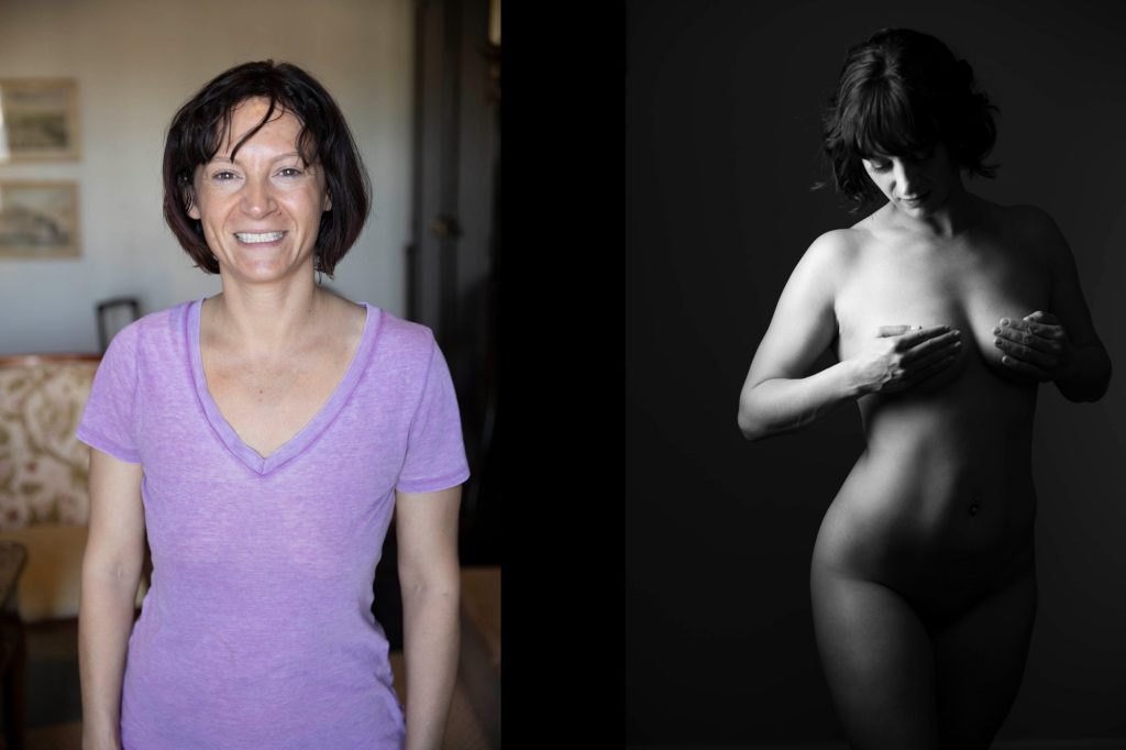 A before & after from a Healdsburg boudoir photo shoot featuring a woman with chin-length dark wavy hair in soft, warm indoor lighting with neutral beige tones and subtle accents. On the left, she smiles brightly while standing relaxed with arms at her sides, dressed in a soft lavender V-neck t-shirt, positioned near a patterned sofa and framed artwork under gentle lamp glow. On the right, in black-and-white, she stands in profile with both hands modestly covering her chest, her pose graceful and poised against a plain dark backdrop that highlights smooth contours and a delicate belly piercing.