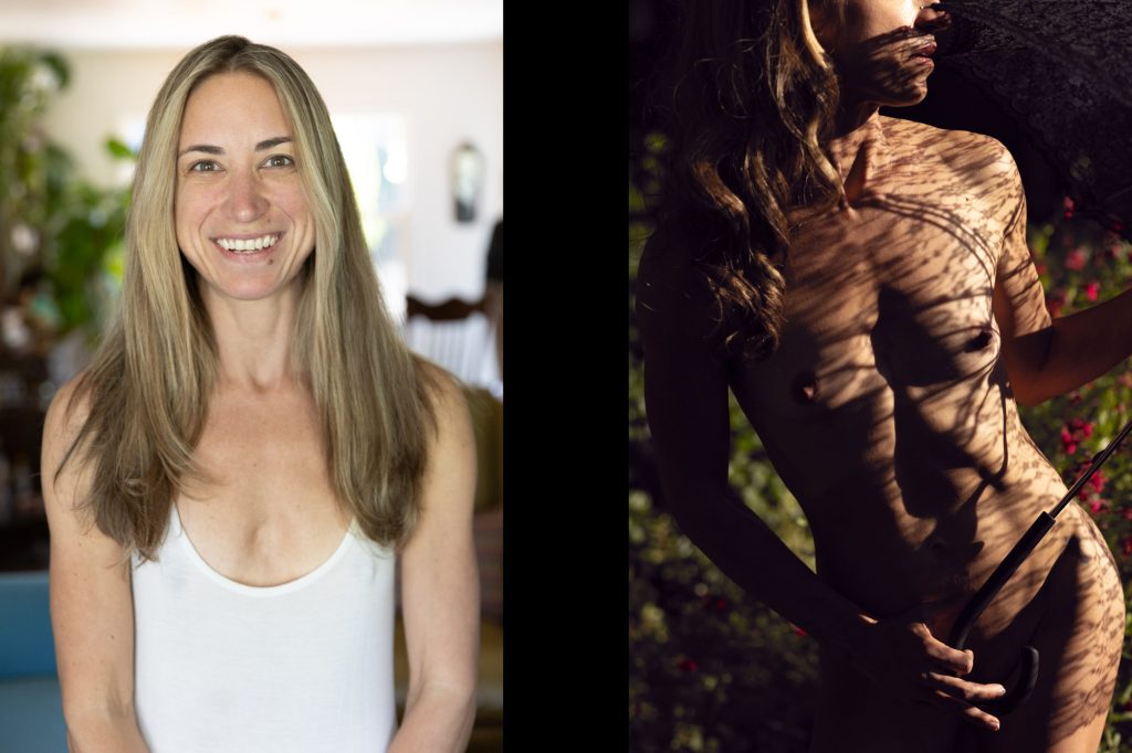 A before & after from a Napa boudoir photo shoot features a woman with long wavy blonde hair in soft, natural indoor lighting with warm beige tones and green plant accents. On the left, she smiles warmly while standing relaxed with arms at her sides, dressed in a simple white tank top amid cozy furnishings like a blue chair and potted foliage. On the right, she poses gracefully in profile holding a lace fan that casts intricate shadow patterns across her skin, her expression serene beside blooming red flowers and lush greenery in dappled sunlight.