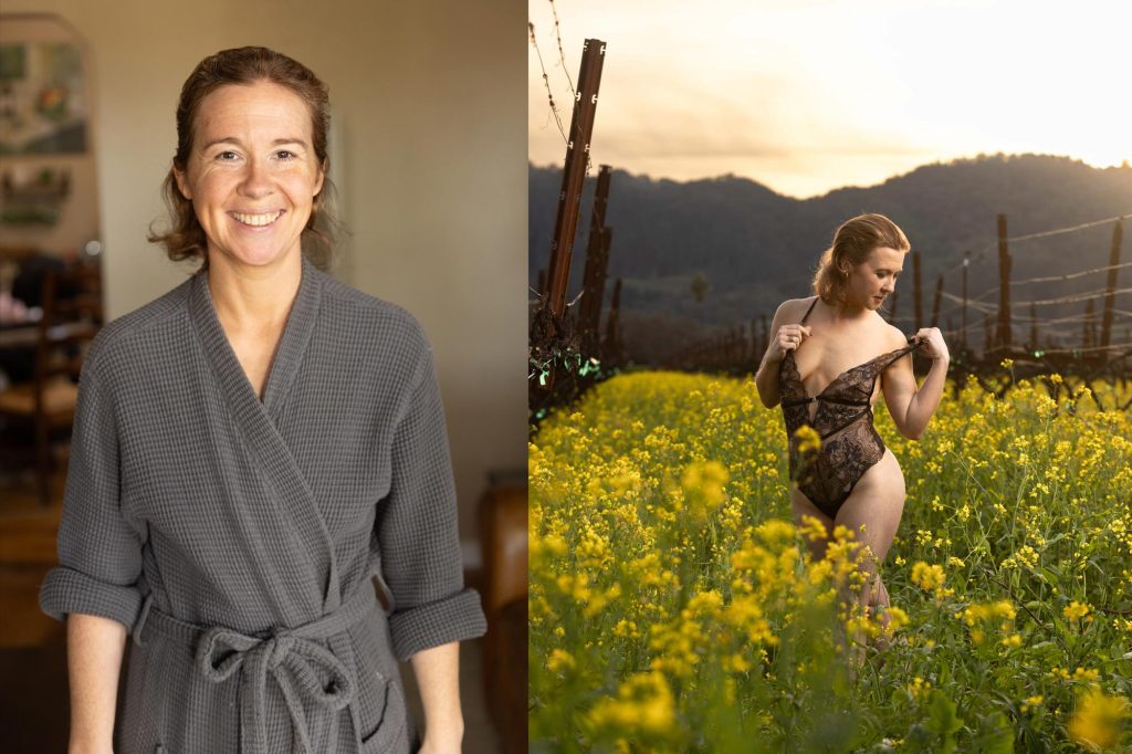 Oakville boudoir photo shoot before & after: woman smiles in gray robe indoors with soft light, after photo shows her adjusting lace bodysuit in yellow mustard field at golden hour sunset.