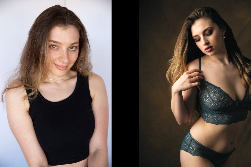 A before & after from a Santa Rosa boudoir photo shoot highlights a woman with loose shoulder-length brown hair in soft, even lighting blending cool neutrals and warm earth tones. On the left, she smiles gently while standing with one arm relaxed at her side, dressed in a simple black tank top and thin gold chain necklace against a plain white wall. On the right, she poses in three-quarter view with fingers lightly touching her bra strap, her expression thoughtful amid golden highlights on delicate teal lace lingerie, set against a textured taupe backdrop.