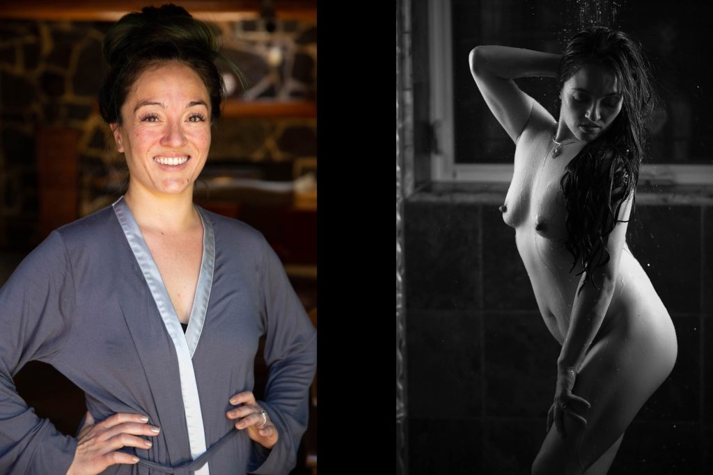 A before & after from a Sebastopol boudoir photo shoot presents a woman with dark hair in a loose bun under warm, ambient indoor lighting with rich wood tones. On the left, she smiles confidently with hands on hips, dressed in a flowing gray silk robe loosely tied at the waist, standing amid rustic wooden beams and soft glow from overhead fixtures. On the right, in black-and-white, she poses gracefully with one arm raised overhead and water droplets glistening on her skin, her expression serene while wearing a delicate necklace, captured against tiled walls and a window in a steamy shower setting with subtle steam accents.