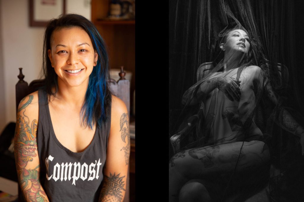 Sonoma boudoir photo shoot before and after: smiling woman with blue hair in gray top next to dramatic B&W reclining pose with sheer fabric.