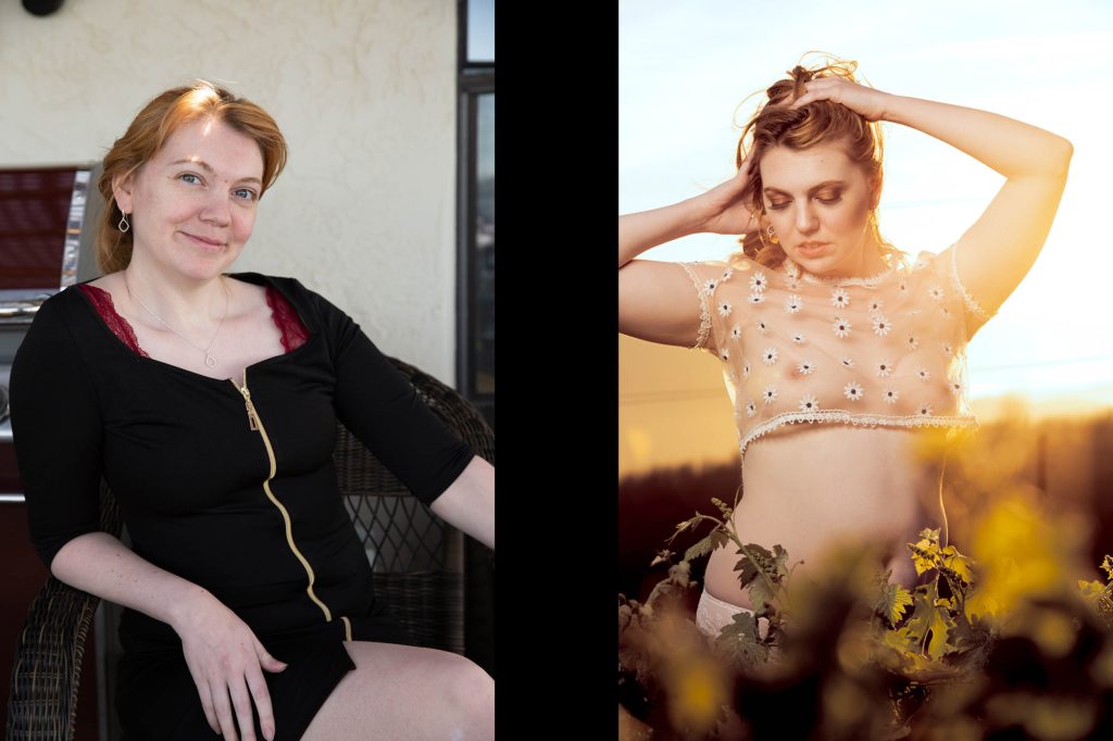 A before & after from a vineyard boudoir photo shoot showcases a woman with loose red hair in warm, diffused lighting contrasting cool neutrals and vibrant golds. On the left, she sits relaxed on a wicker chair with one hand resting on her knee, smiling softly while dressed in a black zip-up dress with red lace accents and gold details, set against beige patio walls and a soft lamp glow. On the right, she stands with arms raised and fingers threading through her hair, her expression serene in a sheer white daisy-embroidered crop top and matching bottoms, surrounded by sun-kissed grapevines and yellowing leaves in golden sunset hues.