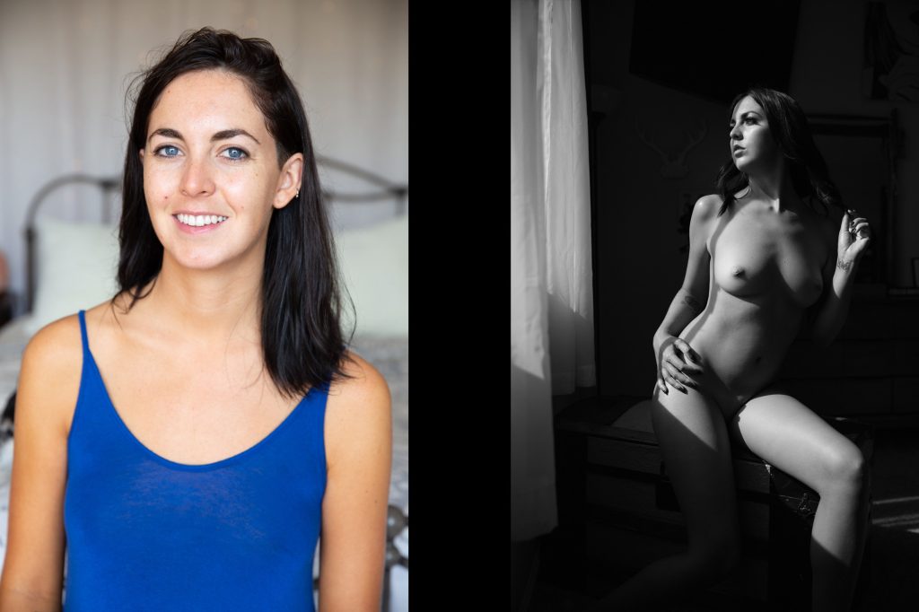 In this chiaroscuro art nude photo shoot before and after the left side shows the before image of a woman with dark hair and blue eyes who smiles brightly while wearing a blue tank top in a softly lit bedroom setting. The right side shows the after image of the same woman in black and white seated on a wooden chest under dramatic high contrast lighting as she poses with one hand raised near her hair and the other resting on her thigh while gazing to the side.