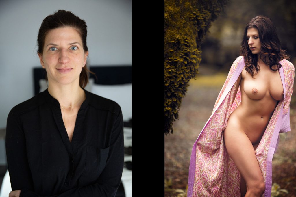 In this classy nude photography before and after the left side shows the before image of a woman with brown hair pulled back and blue eyes who smiles gently while wearing a black button up shirt with her arms crossed in an indoor bedroom setting. The right side shows the after image of the same woman with long wavy brown hair standing gracefully outdoors beside a moss covered tree while draped in a flowing pink patterned robe under soft natural light.