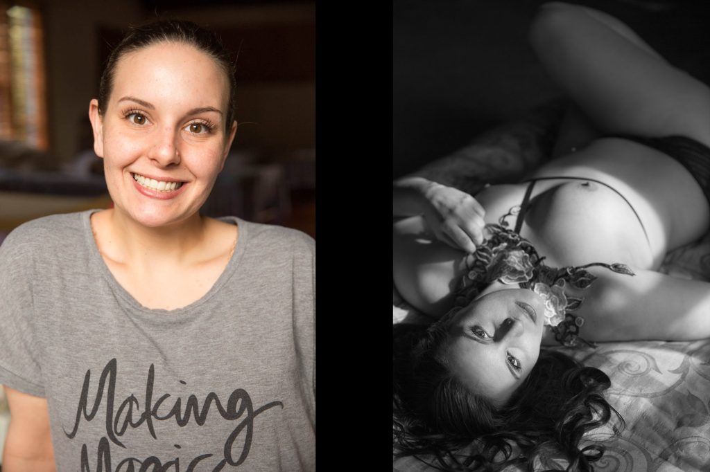 In this elegant art nude photo shoot before and after the left side shows the before image of a woman with dark hair pulled back who smiles brightly while wearing a grey t-shirt that reads Making Magic as she faces the camera in a warmly lit indoor setting. The right side shows the after image of the same woman in black and white lying on a bed with her long dark hair spread out around her head as she gazes toward the camera and rests one hand carefully across her chest under dramatic side lighting.