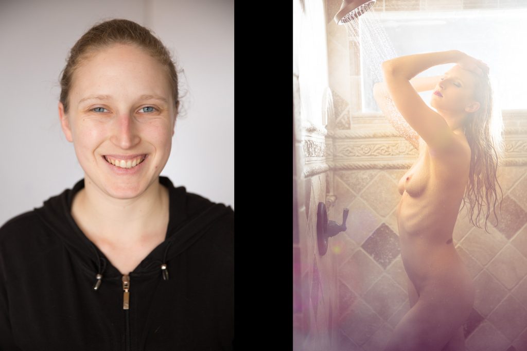 In this tasteful naked photo session before and after the left side shows the before image of a woman with light brown hair pulled back who smiles brightly while wearing a black zip up hoodie against a plain light background. The right side shows the after image of the same woman standing under a shower with water cascading as she raises both hands to her wet hair illuminated by strong backlighting in a tiled bathroom.