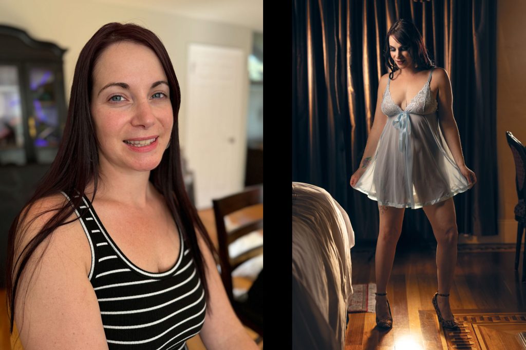 A woman with long dark hair participates in a bay area boudoir photo shoot before and after. The left image shows her smiling in a casual black and white striped tank top at home. The right image captures her posing in a light blue sheer babydoll lingerie set with leopard print heels in a warmly lit bedroom with dark curtains.