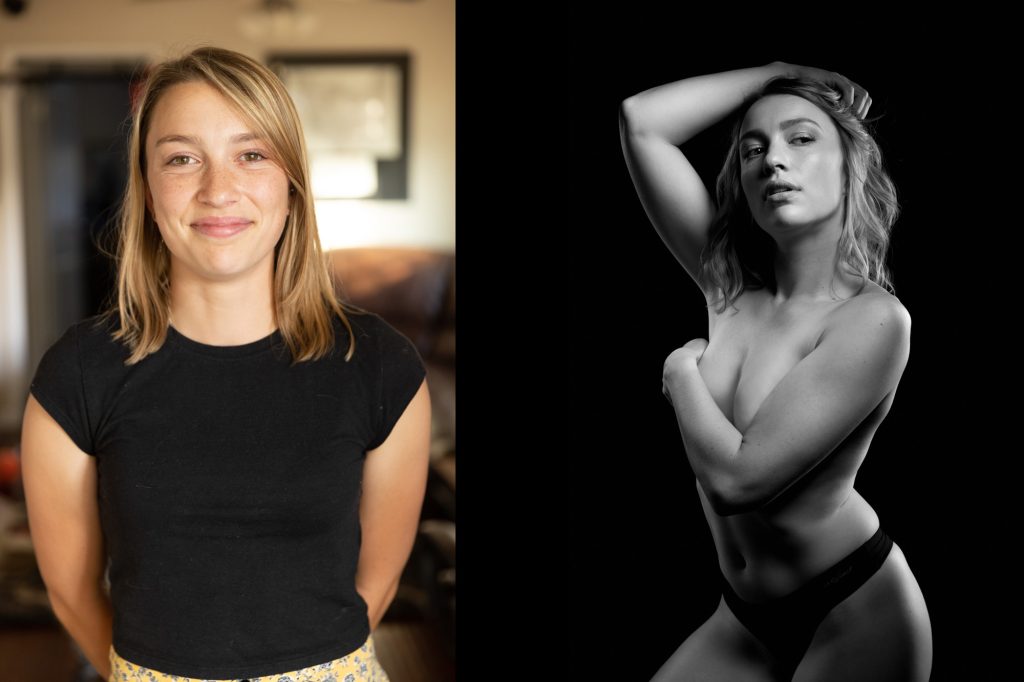 A woman with blonde hair participates in a bay area boudoir session before and after. The left image shows her smiling in a casual black t-shirt and yellow floral bottoms in a home setting. The right image captures her posing in black and white with arms raised while wearing black panties against a dark background.