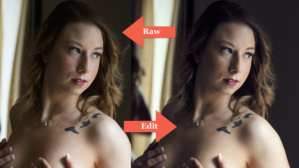 A side by side comparison shows the process of editing boudoir photos with the raw version on the left and the edited version on the right. A woman with light brown hair poses with hands placed over her chest in both images revealing a bird tattoo on her shoulder and a silver necklace while soft window lighting highlights her features and the differences in skin tone and color balance in the layout